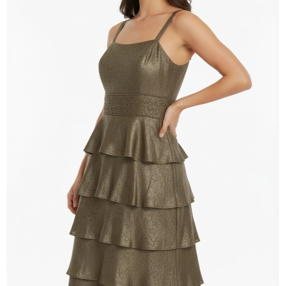 R&M Richards Women's Gold Metallic Rhinestone Tiered Midi Cocktail Dress Size M